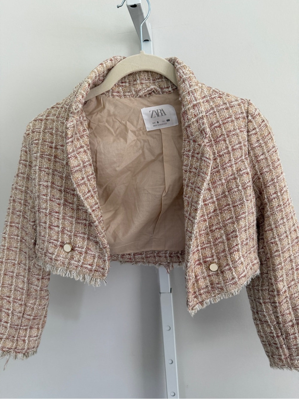 Zara kids Cropped Tweed Jacket in Blush Beige size 8